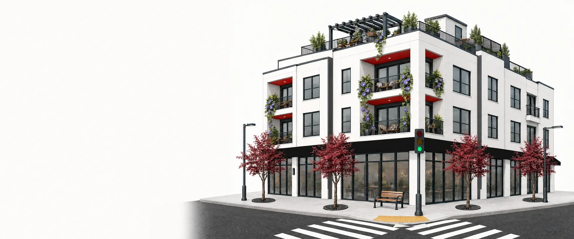 Architectural illustration of a three-story mixed-use corner building